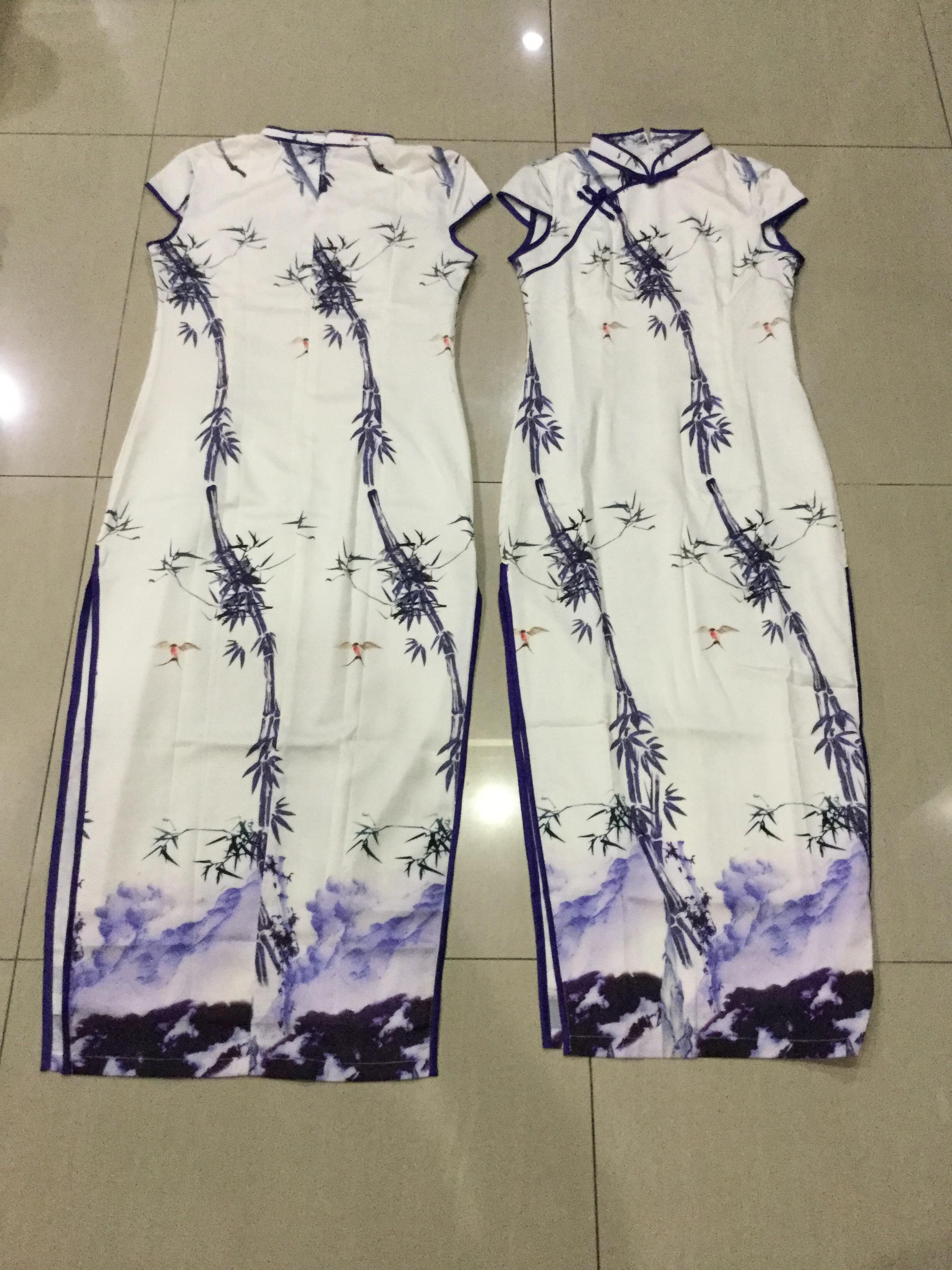 กี่เพ้ายาว ผ้าไหม สีขาวลายม่วง รหัส SW 156 สินค้าพร้อมส่ง