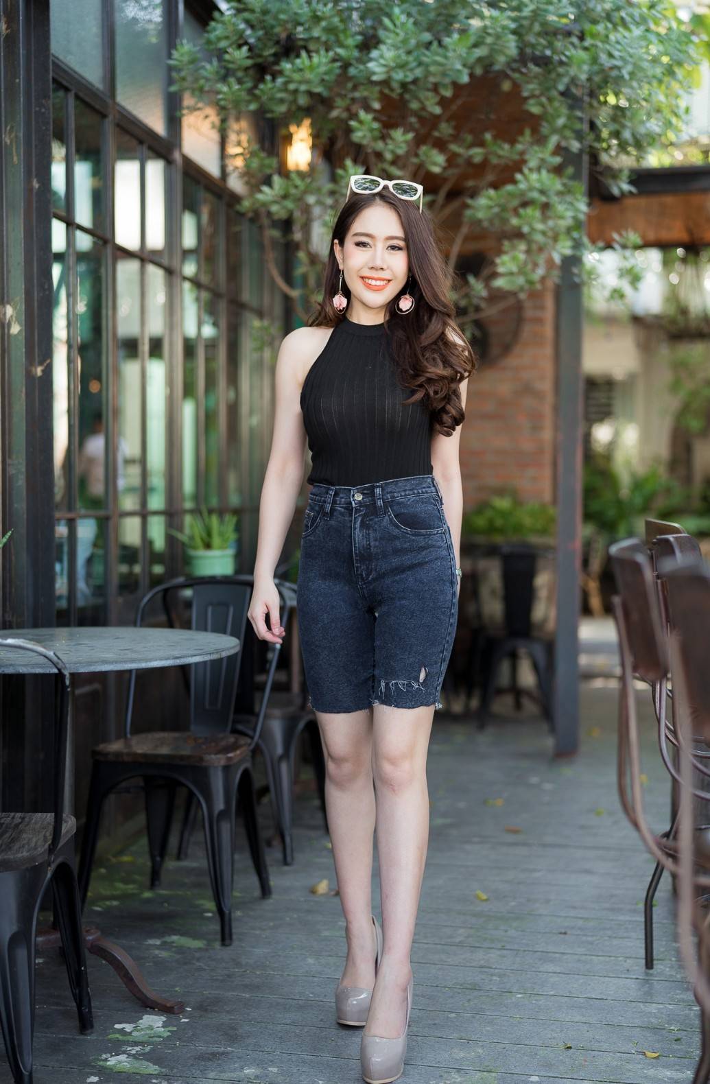 กางเกงยีนส์ 3 ส่วน สีดำ ปาดข้าง-BB19