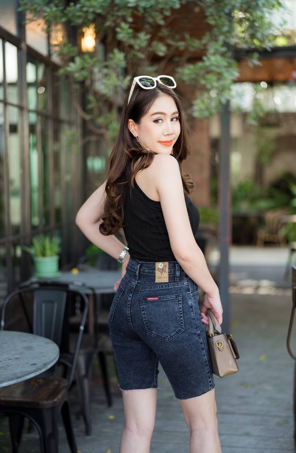 กางเกงยีนส์ 3 ส่วน สีดำ ปาดข้าง-BB19