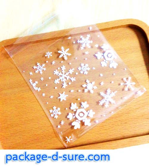 ล้างสต็อก//ถุงคุกกี้ แถบกาว 10x10 หน้าหลังใส ลายเกล็ดหิมะ แพ็ค 100 ใบ