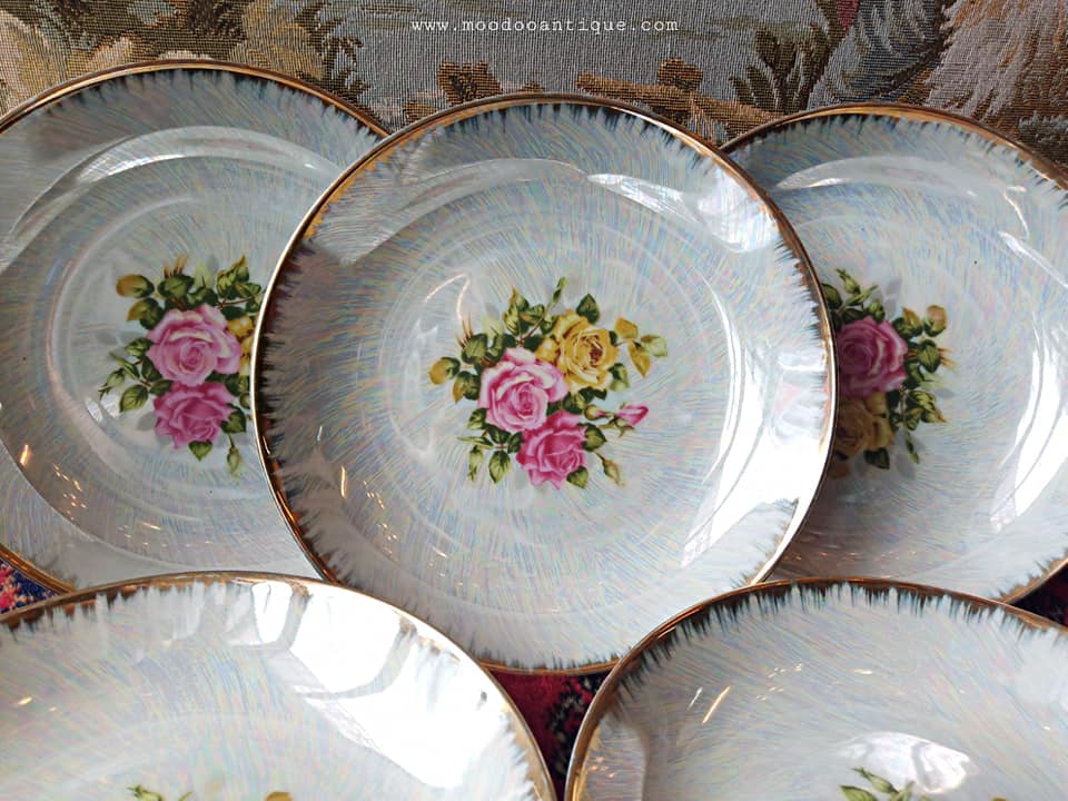 ชามเคลือบมุก ลายดอกกุหลาบ ขอบทอง 5 ใบ ขายยกชุด