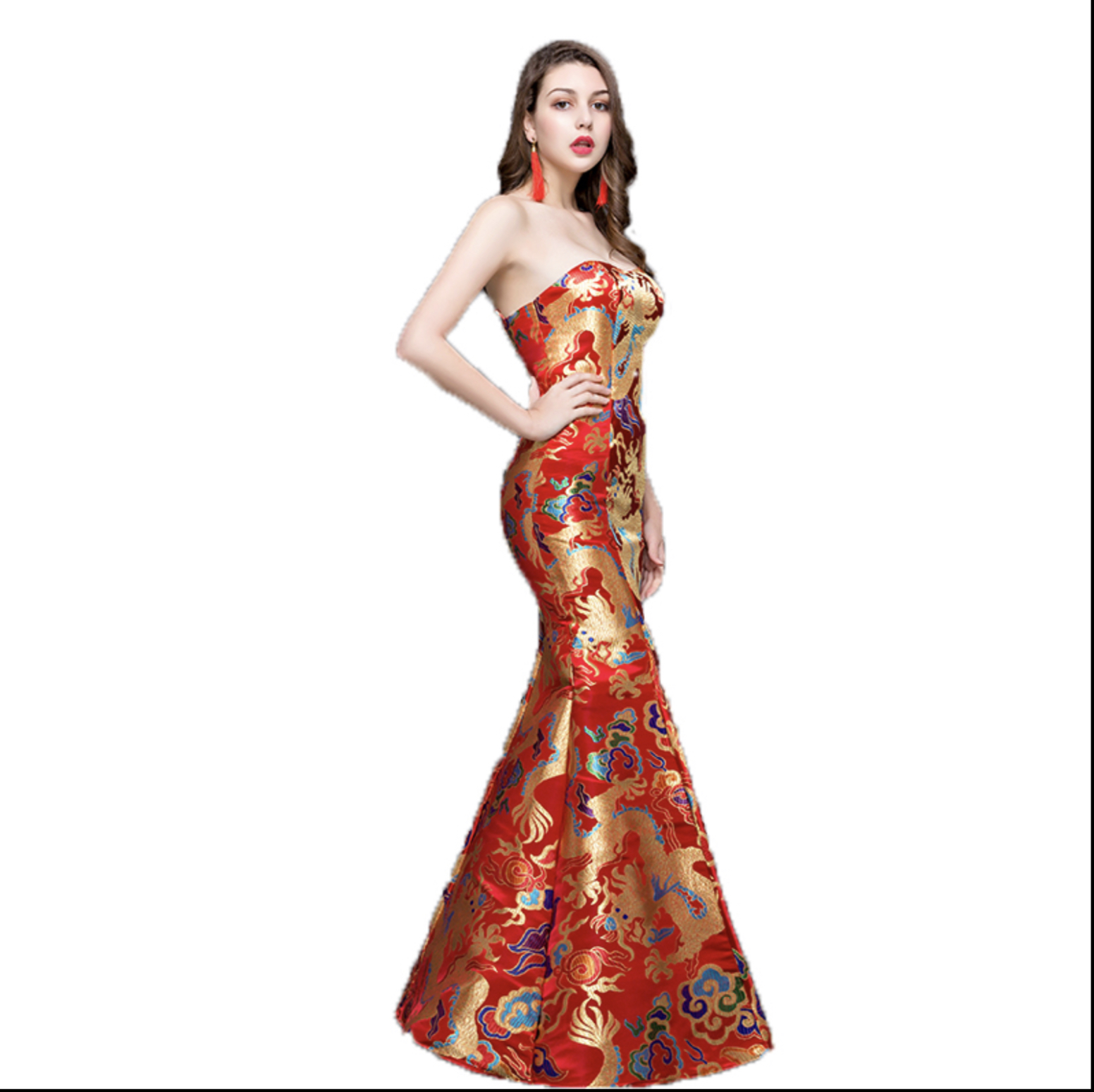 กี่เพ้ายาวเกาะอกสีแดง LX99 สินค้าพร้อมส่ง