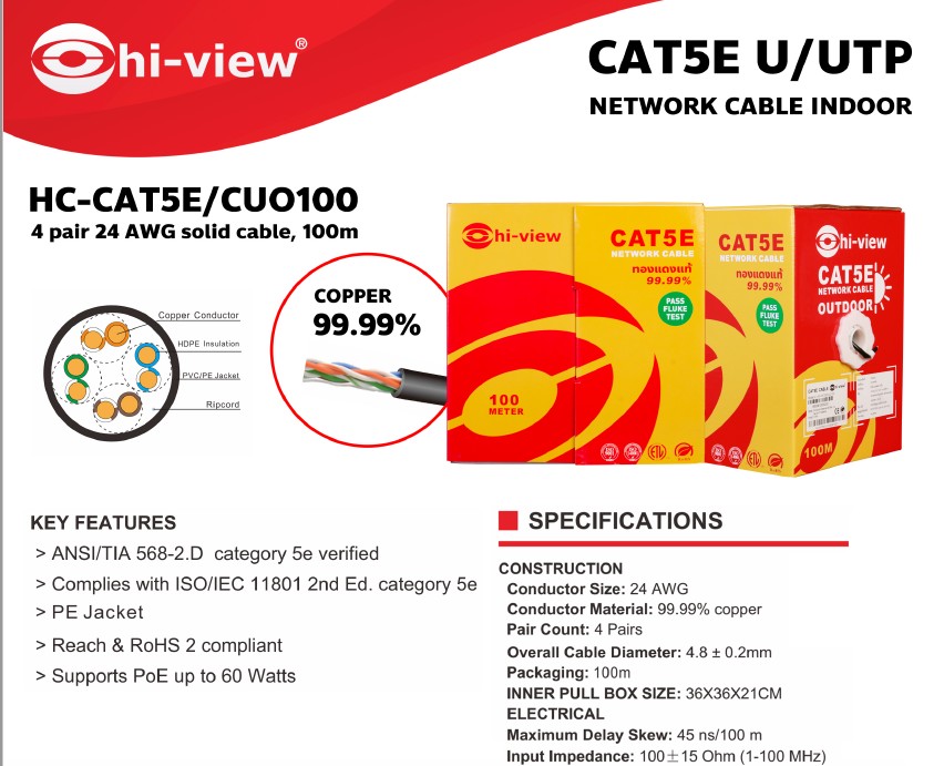 HC-CAT5E/CUO100 cat5E outdoor 99.99% สายแลนด์ Cat5 Outdoor ทองแดง 99.99% ยาว 100 เมตร