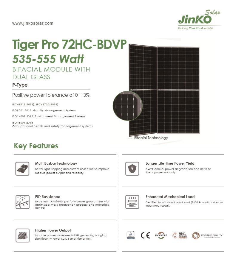 แผงโซล่าเซล JINKO Bifacial 545w P TYPE สินค้า แท้สามารถเช็ค SN ได้ ผ่านโปรแกรม FLASH TRACK รับประกันแผง 10 ปี