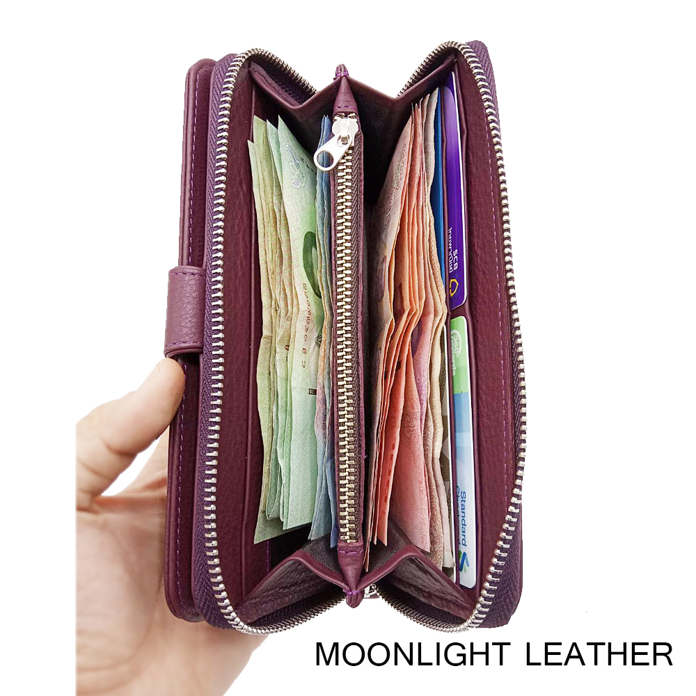 กระเป๋าสตางค์ผู้หญิง ใบยาวสวยงาม สีม่วง ทำจากหนังวัวแท้แสนนุ่ม ทนทาน โดนน้ำได้ ไม่ลอกร่อน พร้อมกล่องแบรนด์แท้