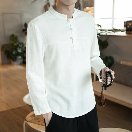 เสื้อผู้ชาย ผ้าลินิน แขนยาว สีขาว รหัส FO 67 สินค้าพร้อมส่ง
