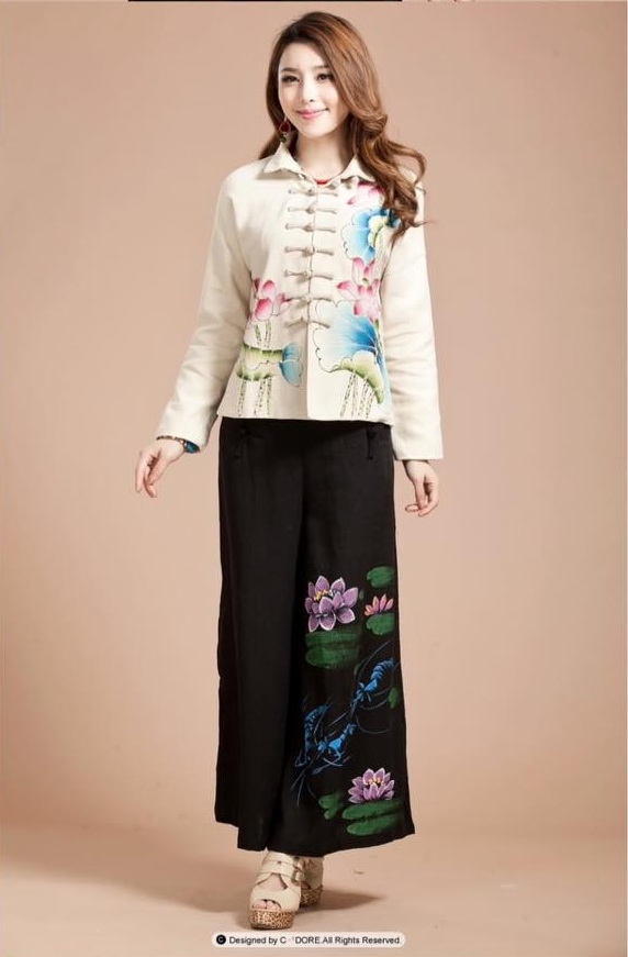 เสื้อจีนผู้หญิงสีครีมลายดอกบัว S166