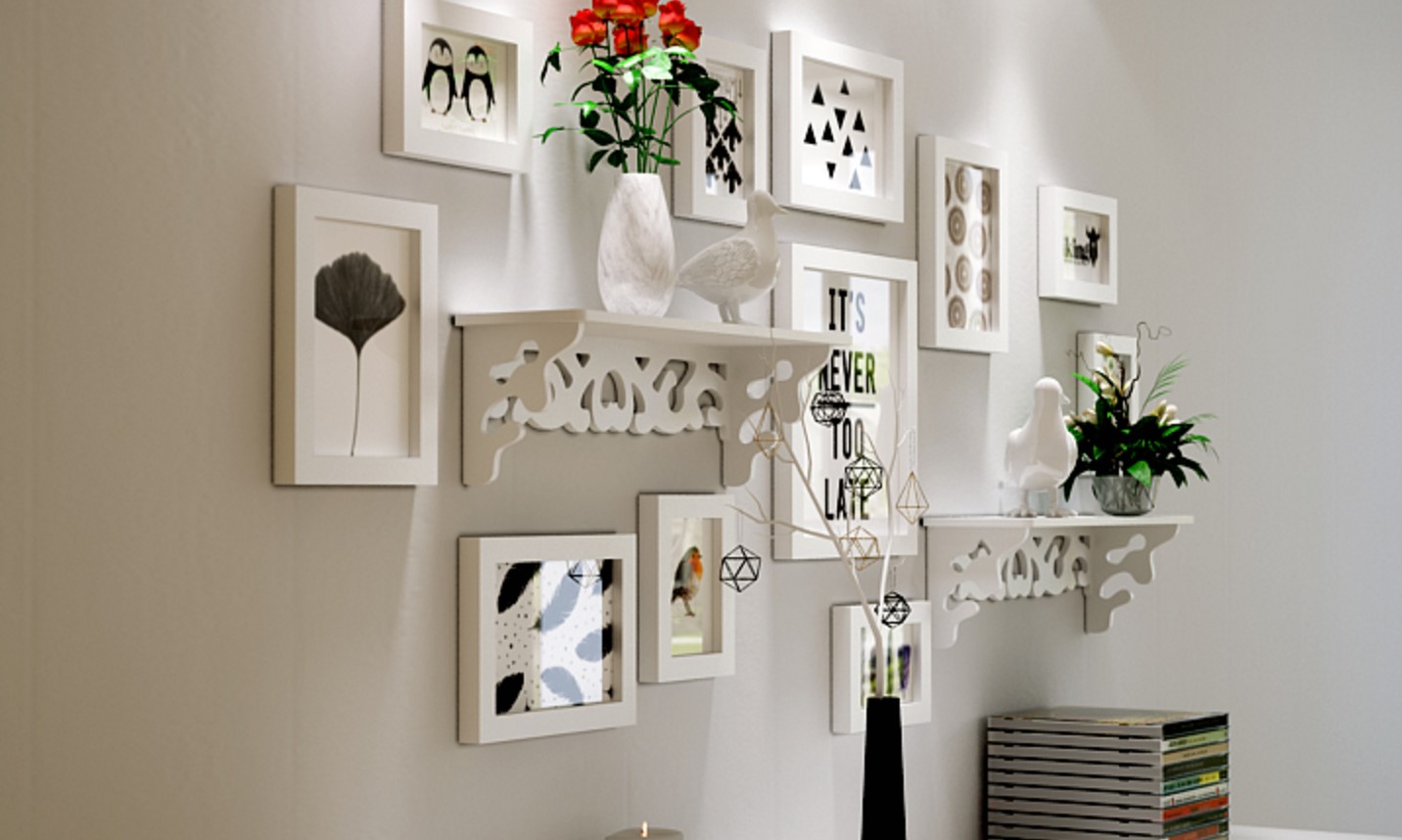 ชุดกรอบรูปติดผนัง White11+ชั้นวาง กรอบรูปไม้สีดำ 11 ชิ้น+ ชั้นวาง พร้อมรูปภาพตามแบบและวัสดุติดตั้ง