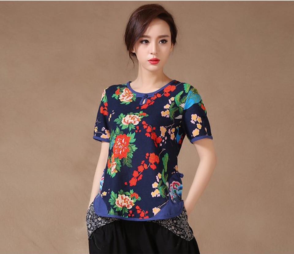 เสื้อจีน สีน้ำเงินลายดอก F138