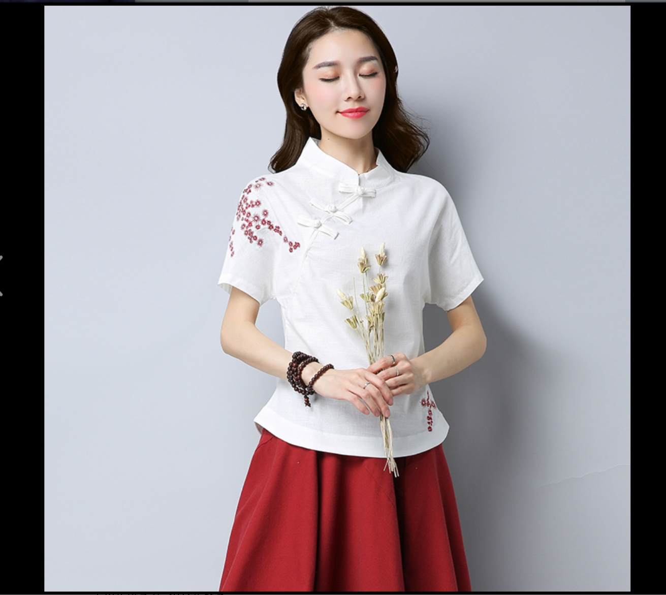 เสื้อจีนแขนสั้น ลายปัก ผ้าฝ้าย รหัส SH 34 สินค้าพร้อมส่ง