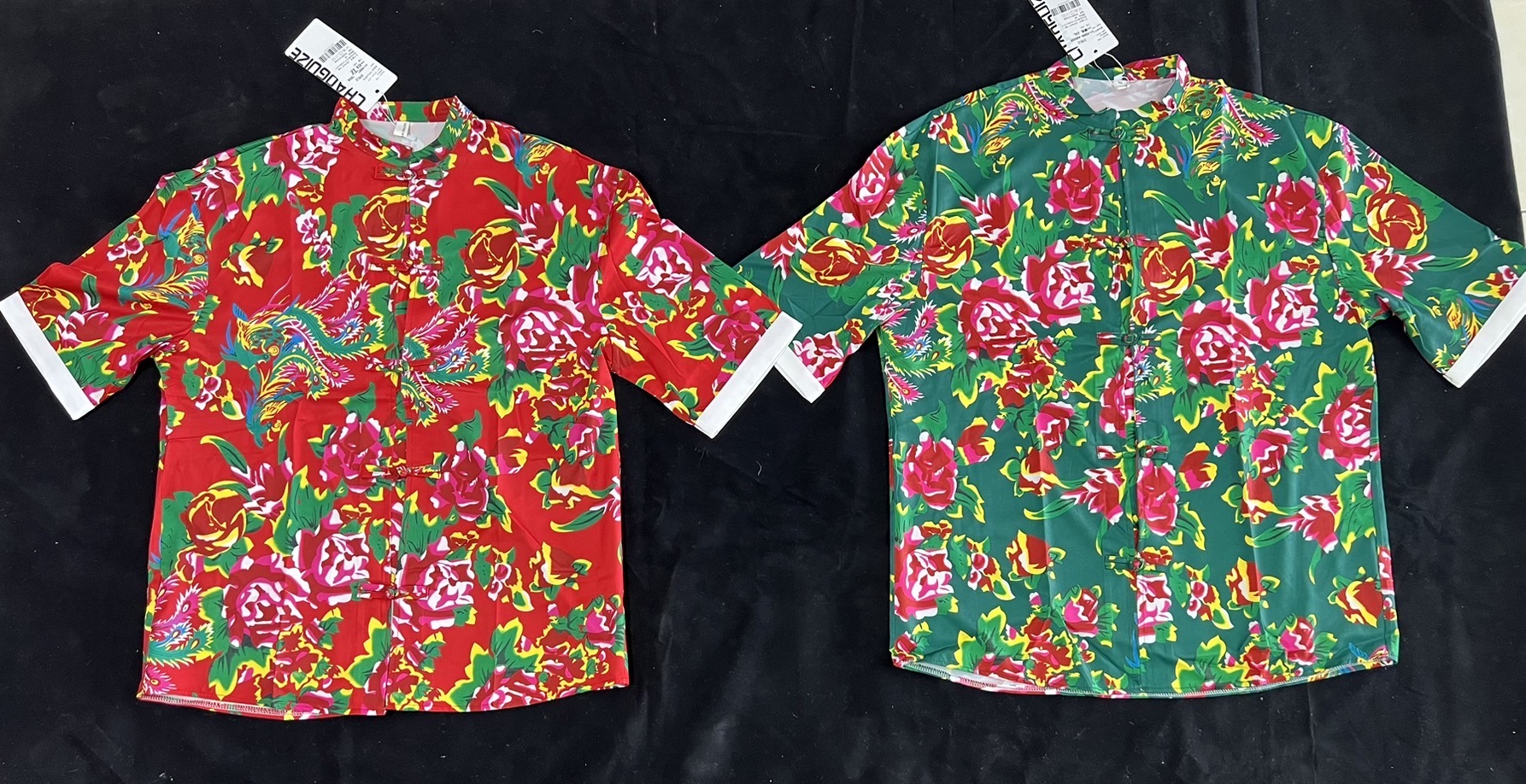 เสื้อจีนชายลายดอกไม้สีแดง