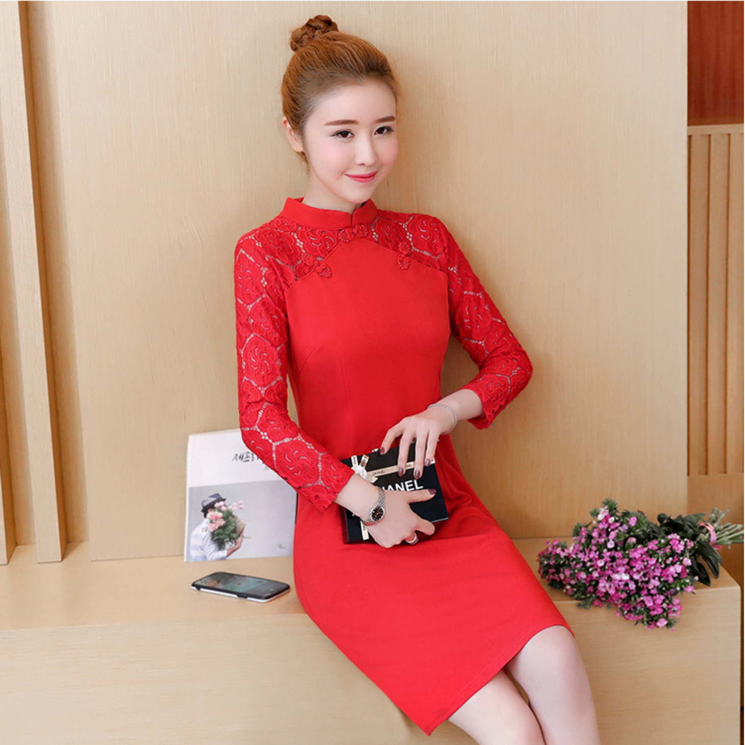 เดรสสั้นสีแดงผ้าโพลี เนื้อดี ใส่สบาย รหัส QSY79 สินค้าพร้อมส่ง