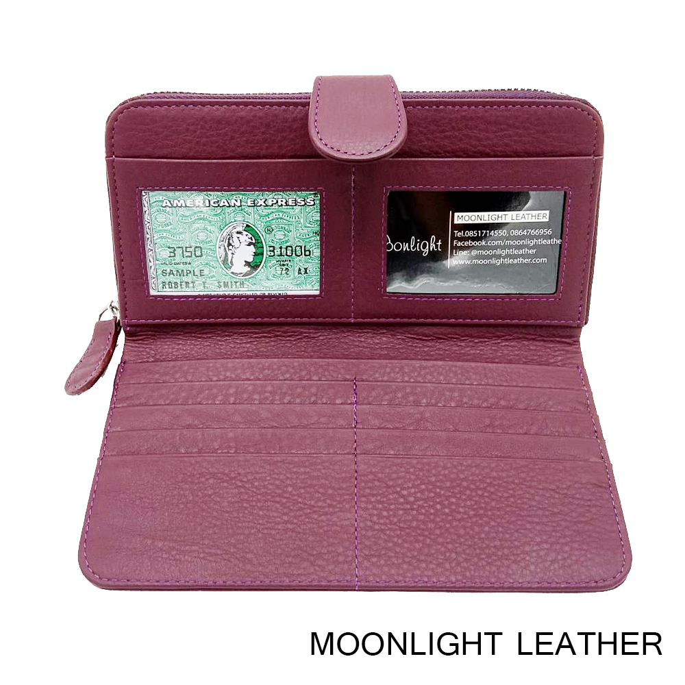 กระเป๋าสตางค์ผู้หญิง ใบยาวสวยงาม สีม่วง ทำจากหนังวัวแท้แสนนุ่ม ทนทาน โดนน้ำได้ ไม่ลอกร่อน พร้อมกล่องแบรนด์แท้