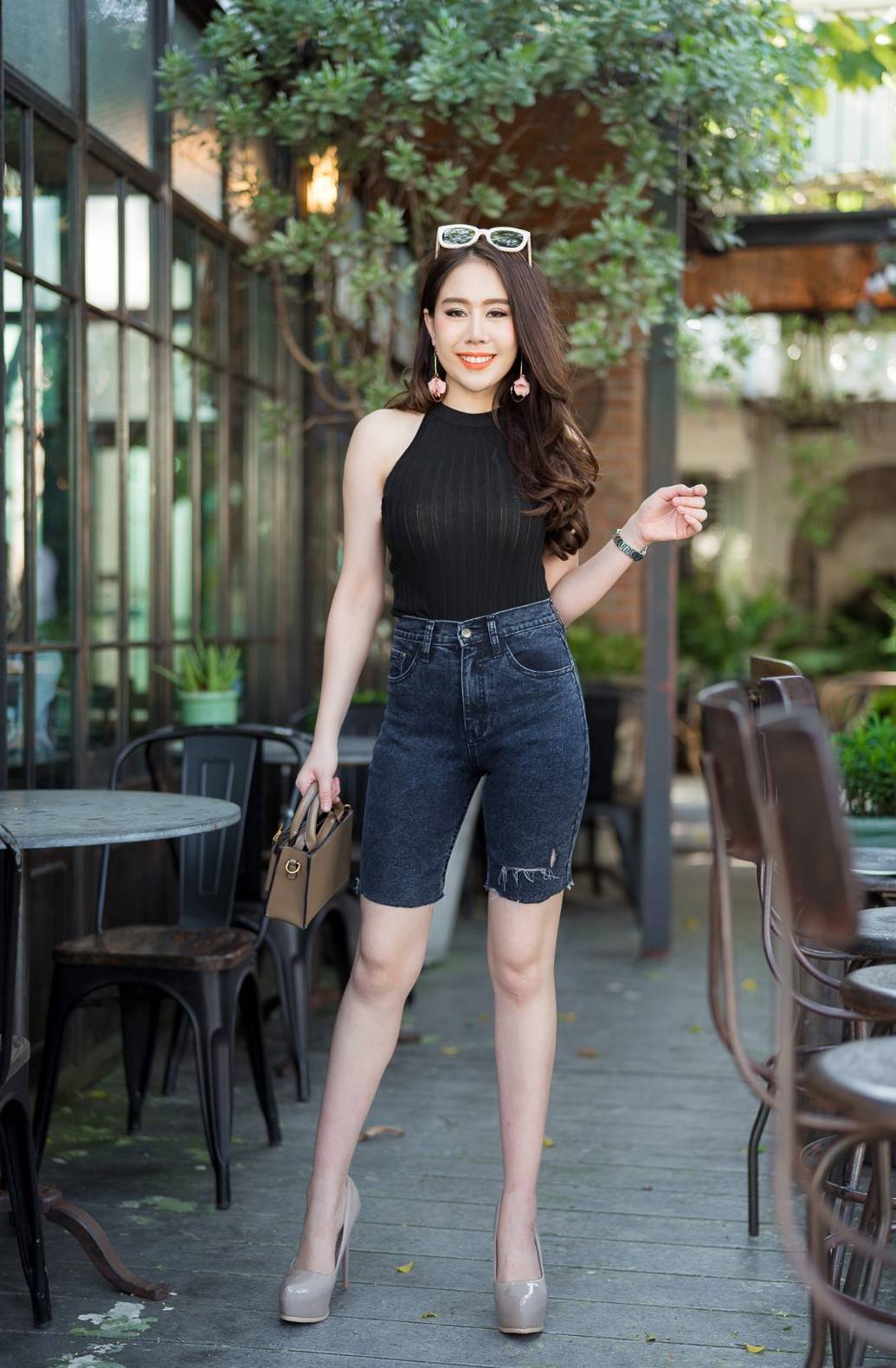 กางเกงยีนส์ 3 ส่วน สีดำ ปาดข้าง-BB19