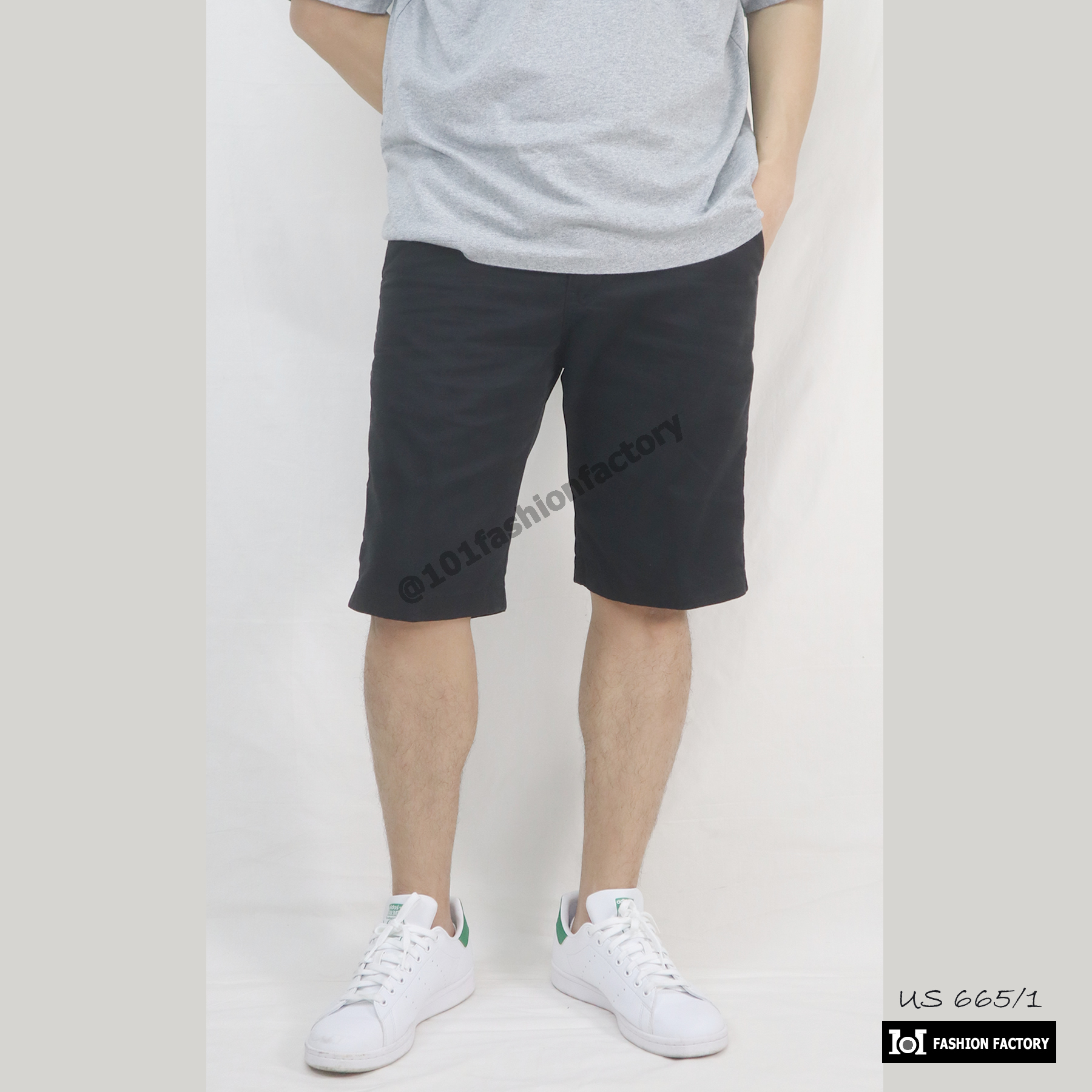 ขาสั้นแฟชั่น No.665/1 กางเกงผู้ชาย ผ้ายืดพอดีเข่า ใส่ดีมั่นใจ สีดำ | US101