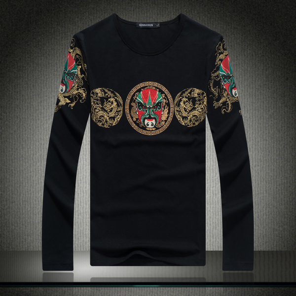 เสื้อผู้ชาย ผ้ายืด แขนยาวลายหน้ากาก สีดำ รหัส SL 75 สินค้าพร้อมส่ง