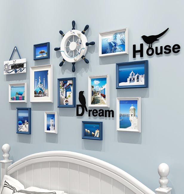 ชุดกรอบรูปติดผนังแนวทะเล Mediteranean Style 5 กรอบรูปไม้ 11 ชิ้น พร้อมภาพและของตกแต่งแนวทะเล