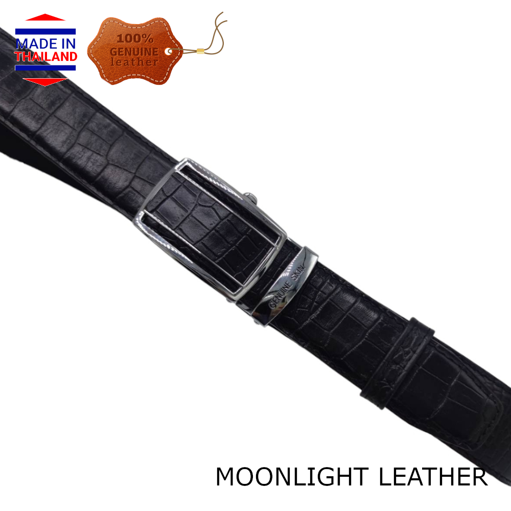 เข็มขัดหนังแท้ สีดำ แบรนด์ Moonlight แบบ Auto Locking กว้าง 3.5 ซม. ทำจากหนังวัวแท้ อัดลายหนังจระเข้ มีไซส์ยาว ไม่ลอก