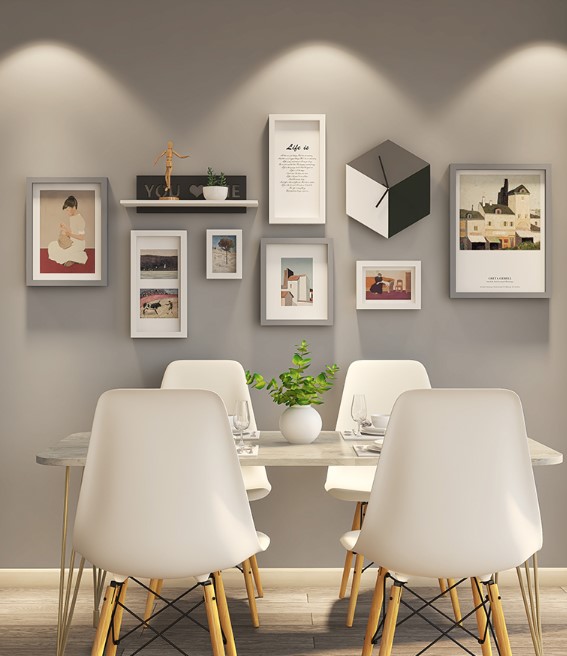 ชุดกรอบรูปติดผนัง French Art กรอบรูปไม้ 7 ชิ้น + นาฬิกา + ชั้นวาง พร้อมรูปภาพตามแบบและวัสดุติดตั้ง