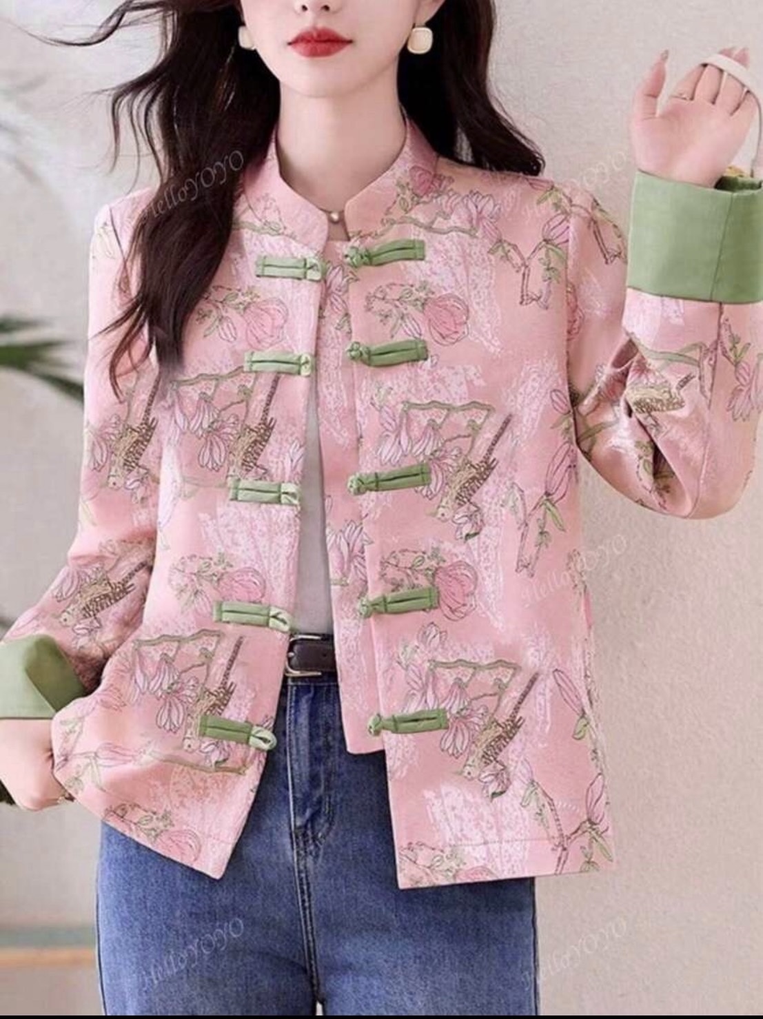 เสื้อจีนสีชมพู ขอบแขนเขียว