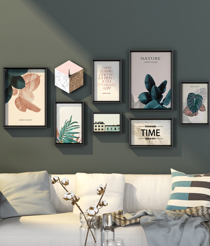 ชุดรูปกรอบลอย Nature (Pink Green)+นาฬิกา ภาพกรอบลอยมีขอบ(สีดำ) 7 ชิ้น + นาฬิกา พร้อมวัสดุติดตั้ง