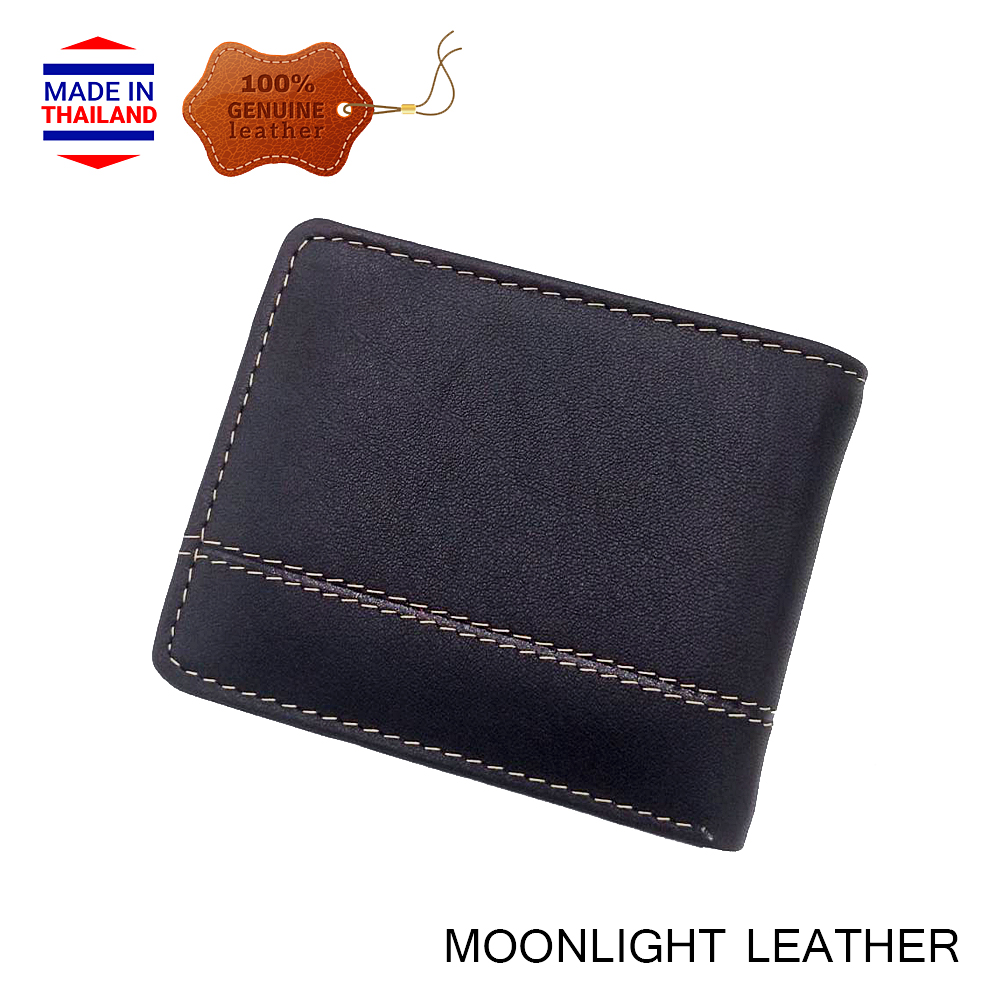 กระเป๋าสตางค์หนังวัวแท้ 100% ฝีมือไทย แบรนด์ MOONLIGHT ไซส์เล็กแต่ใส่แบงค์พันได้ สีดำ นิ่ม ทนทาน ไม่ลอกร่อน มีกล่องให้