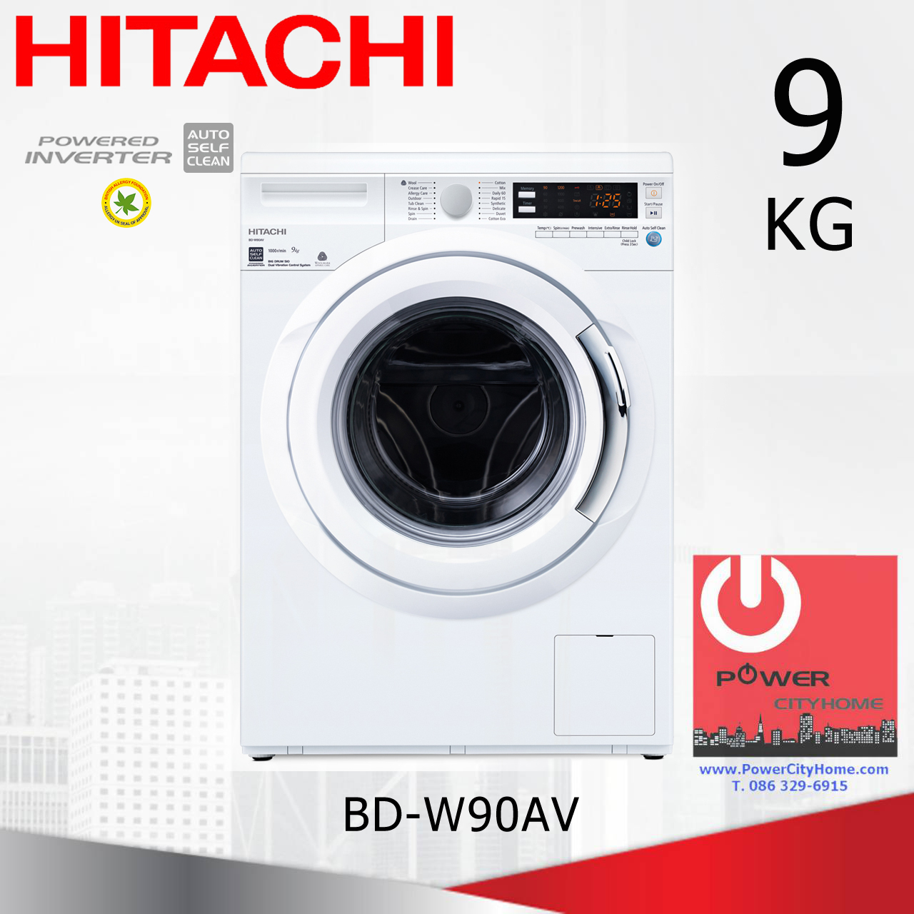 เครื่องซักผ้า Hitachi ฝาหน้า 510 Powered Inverter 9.0 กก. รุ่น BD-W90AV