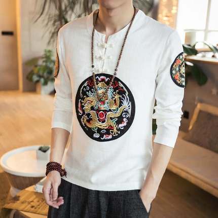 เสื้อจีนชาย ผ้าฝ้าย สีขาวลาย วงกลม รหัส E79 สินค้า