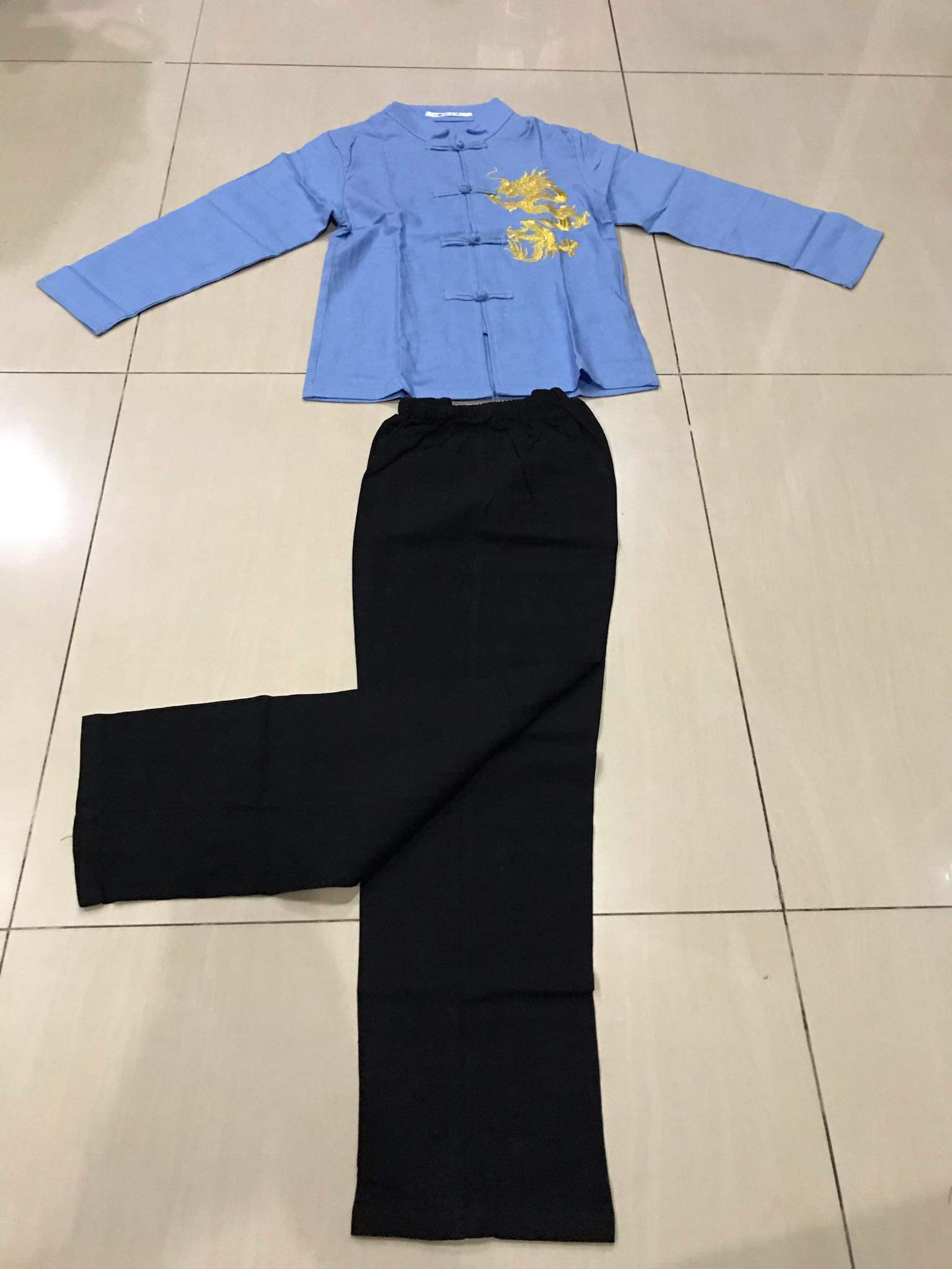 ชุดจีนเด็กชาย สีฟ้า ผ้าลินิน ลายปักมังกร รหัส ZM 49 สินค้าพร้อมส่ง