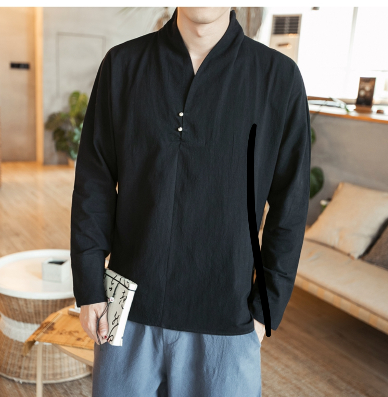 เสื้อจีนชาย ผ้าฝ้าย สีดำ คอป้าย รหัส A79 สินค้าพร้อมส่ง