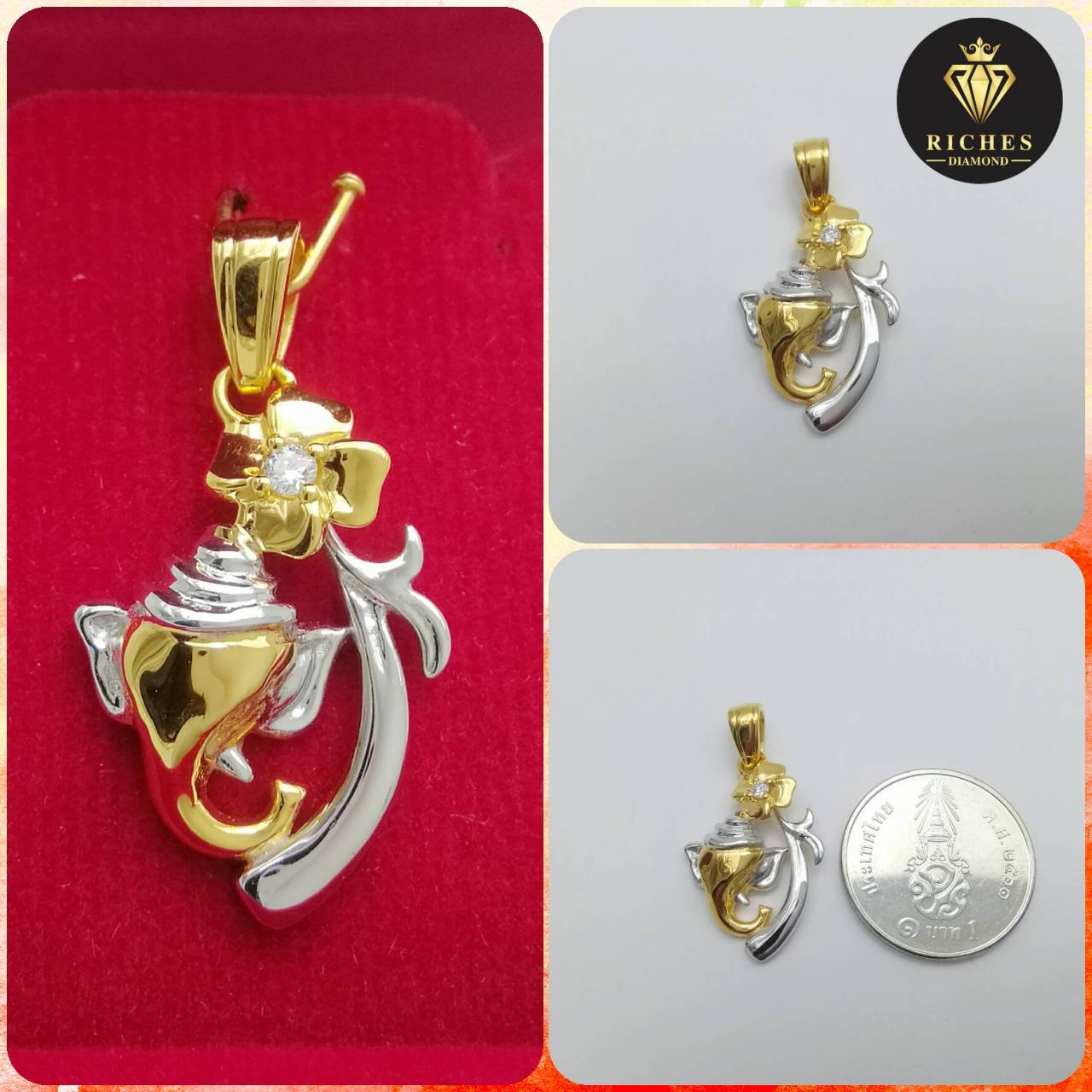 จี้เศียรพระพิฆเณศทัดดอกชบาเงินแท้ 925 ประดับเพชรเบลเยี่ยมแท้ 0.03 cts