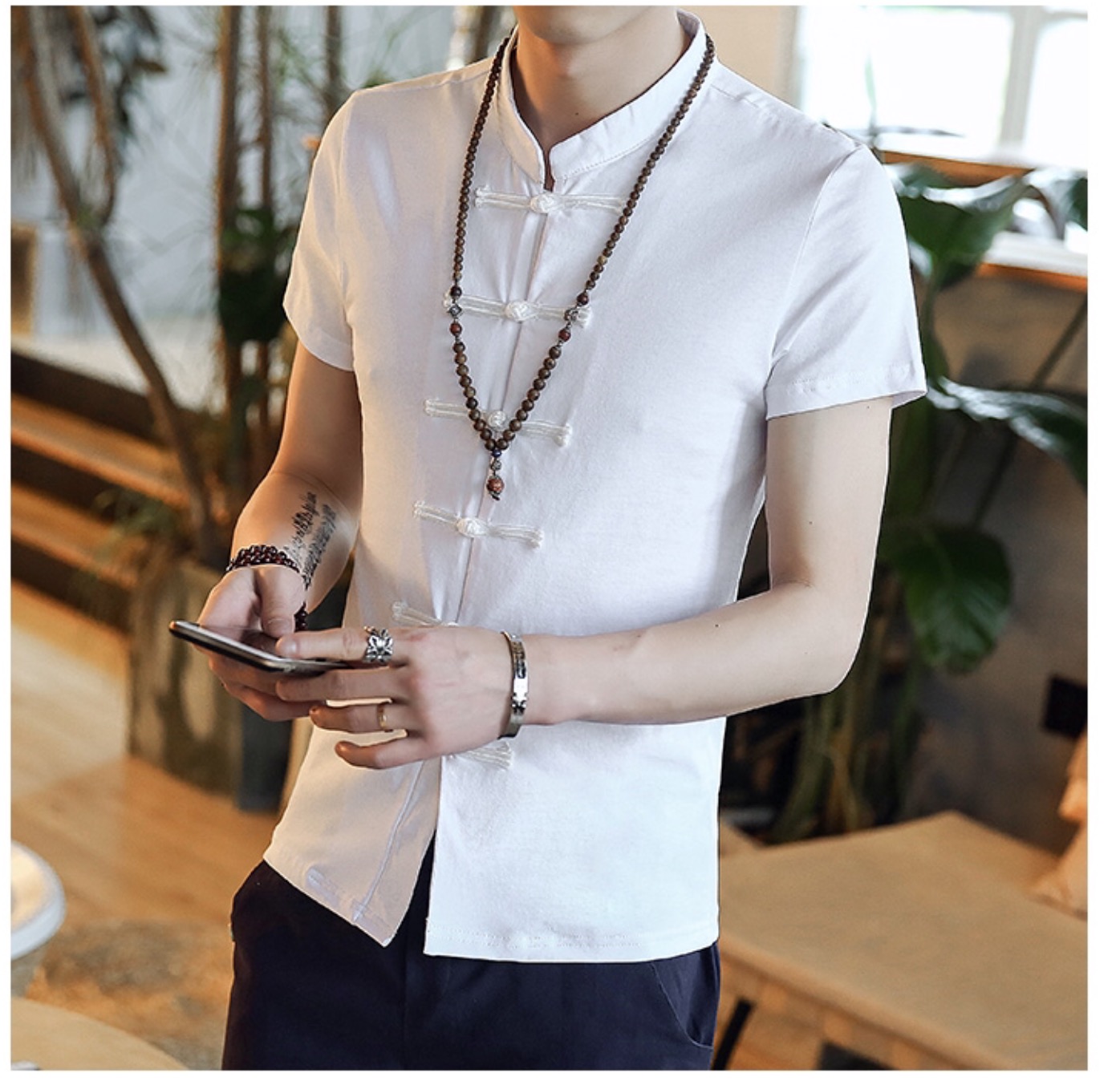 เสื้อผู้ชาย ผ้าฝ้าย+spandex+ยืดสีขาว รหัส SH 71 สินค้าพร้อมส่ง