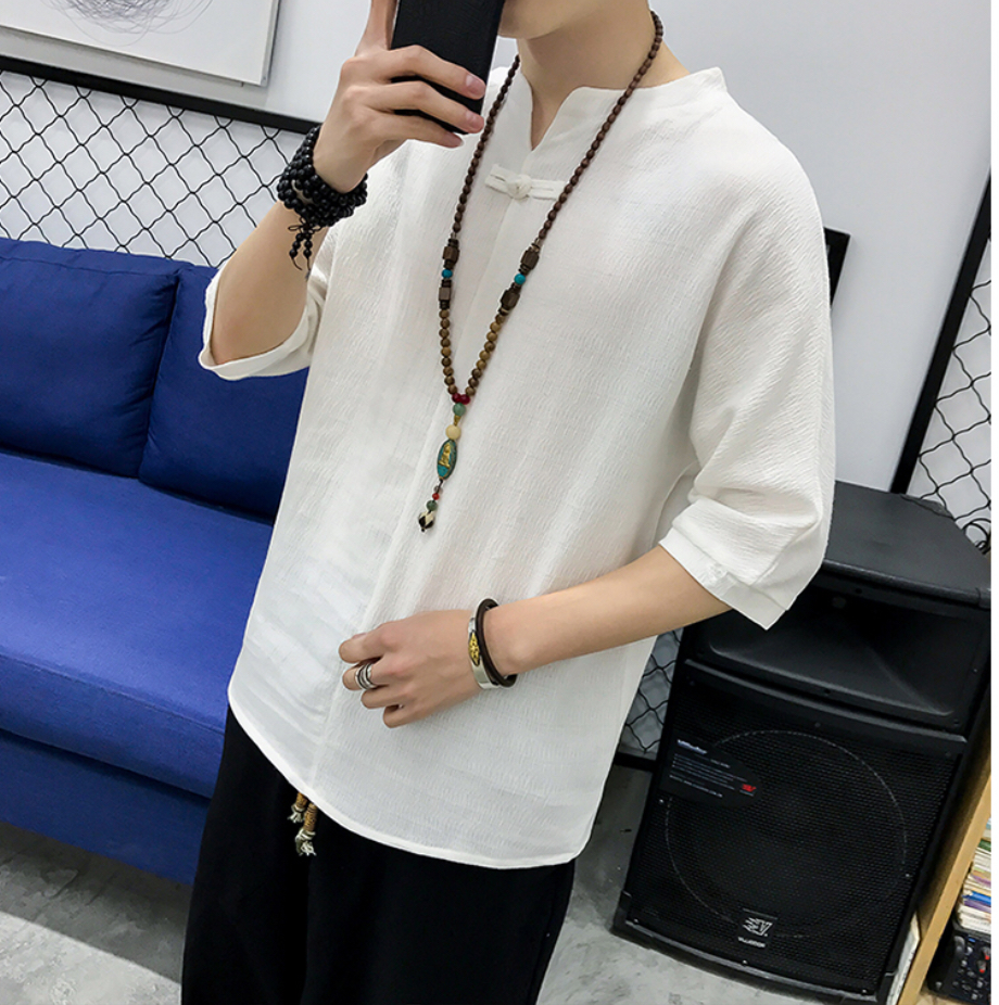 เสื้อจีนชาย ผ้าฝ้าย แขนสั้น สีขาวรหัส AT 60 สินค้าพร้อมส่ง