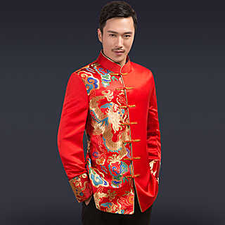 เสื้อจีนผู้ชายสีแดงลายมังกร สีทองน้ำเงิน ZH135