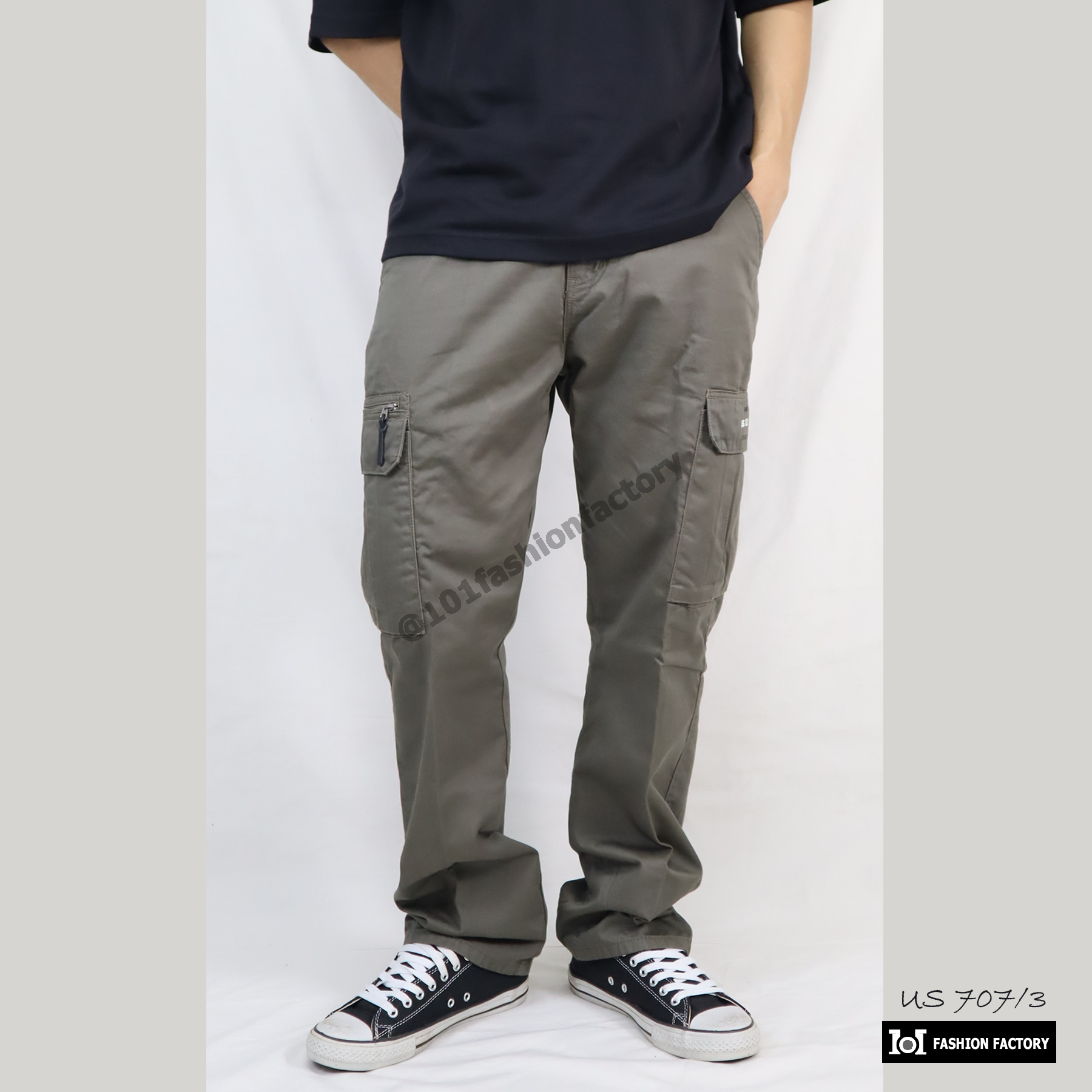 กางเกงคาร์โก้กระเป๋าข้าง NO.707/3 ขาตรงทรงหลวมกระบอกธรรมดา สีเขียว | 101FashionFactory