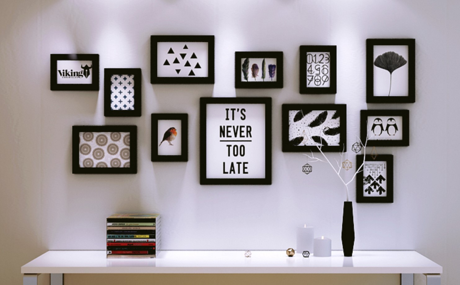 ชุดกรอบรูปติดผนัง Black 12 กรอบรูปไม้สีดำ 12 ชิ้น พร้อมรูปภาพตามแบบและวัสดุติดตั้ง