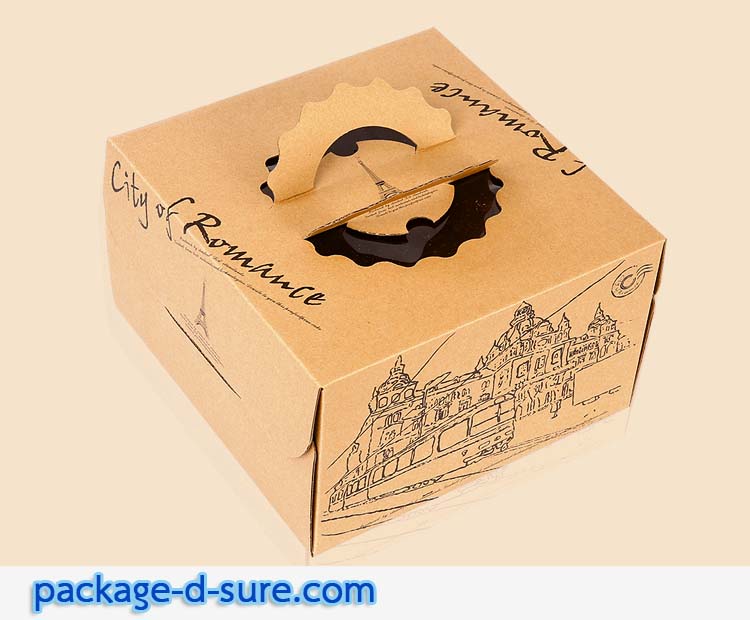 กล่องเค้ก 6 นิ้ว 1 ปอนด์ 21x21x15.5 หูหิ้ว กระดาษคราฟ ลาย city of romance