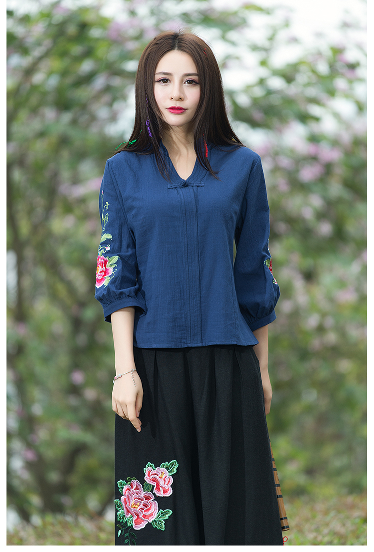 เสื้อผ้าลินิน สีน้ำเงิน ลายปัก รหัส SHI 69 สินค้าพร้อมส่ง