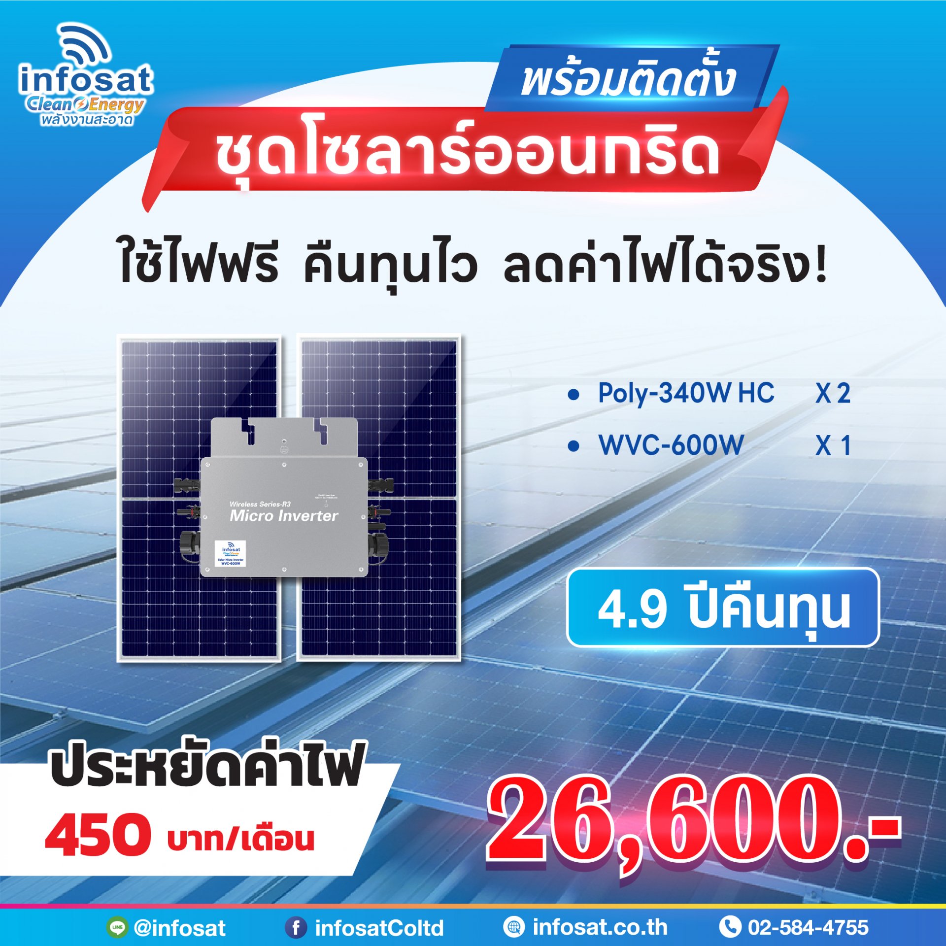 เซ็ตแนะนำ ชุด On-Grid 600W Mono340-HC 2 แผง พร้อมติดตั้ง 26600 บาท ประหยัดไฟ 450 บาท/เดือน