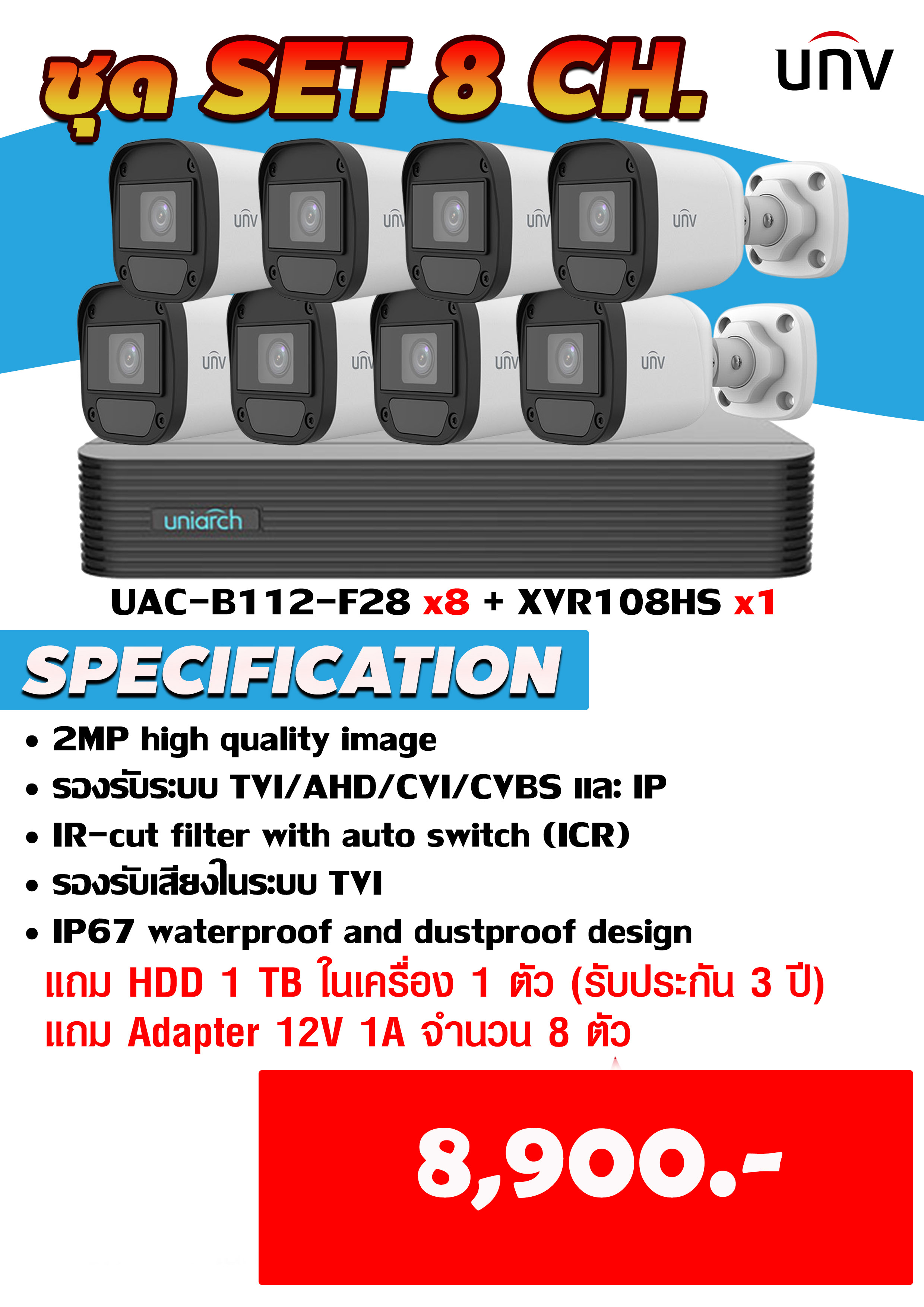 ชุดติดตั้งเอง Uniview 2MP 8ตัว รับประกันสินค้า 3 ปี สินค้าหมดแล้วหมดเลย
