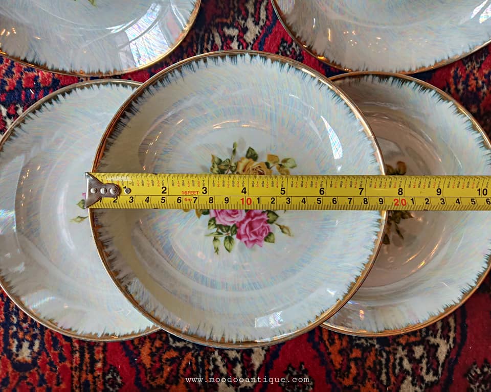 ชามเคลือบมุก ลายดอกกุหลาบ ขอบทอง 5 ใบ ขายยกชุด