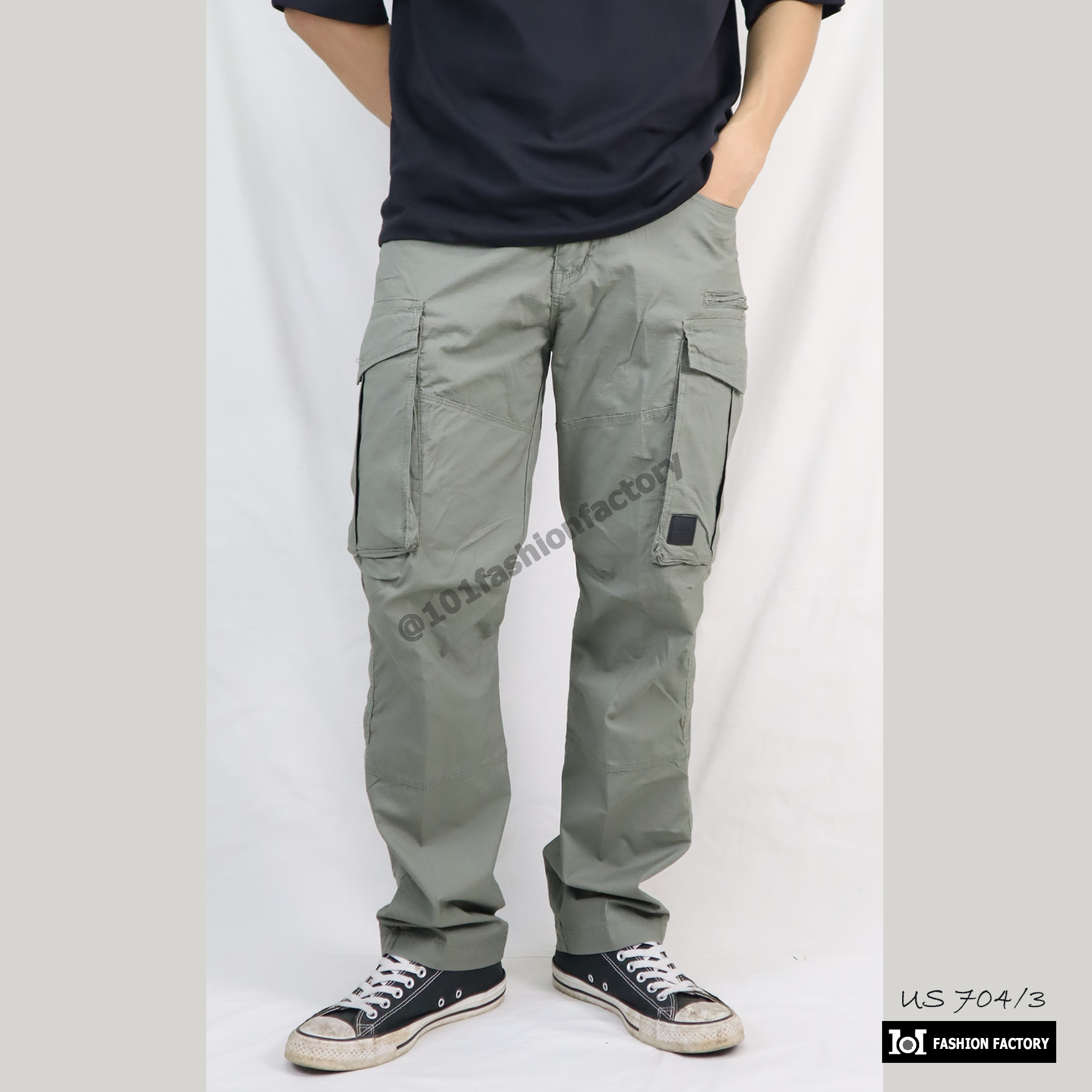 กางเกงคาร์โก้ NO.704/3 ทรงกระบอกผ้ากันลมยืดน้ำหนักเบา ใส่สบาย สีเขียว | US101