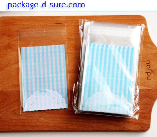 ถุงคุกกี้แถบกาว 7x10 แบบยาว ลายตารางฟ้า แพ็ค 100 ใบ