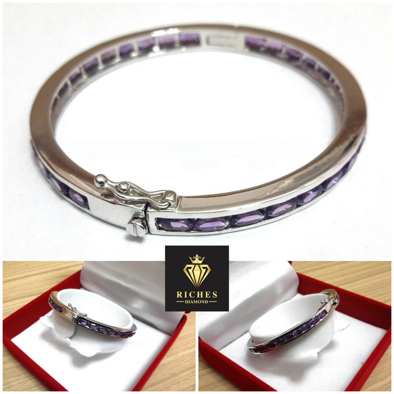 กำไลทองคำแท้ประดับพลอยอเมทิสต์สีม่วงแท้ (Amethyst) 32 เม็ด น้ำหนักรวม 9.60 กะรัต