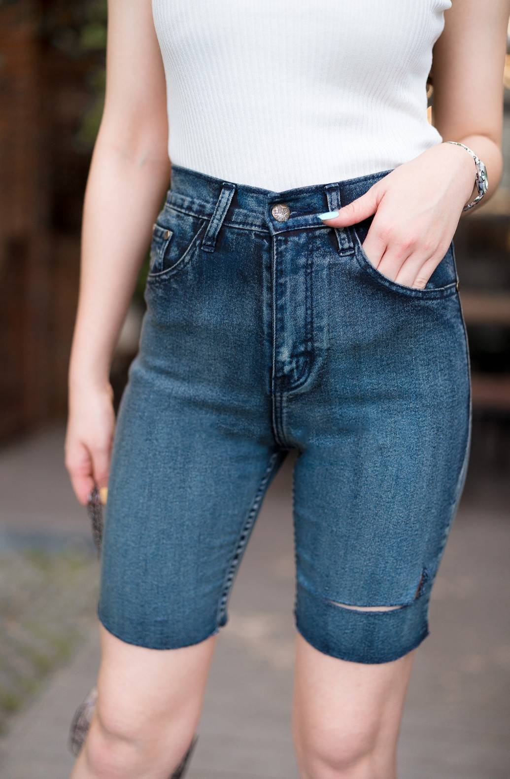 กางเกงยีนส์ 3 ส่วน สีดำ ปาดข้าง-BB09