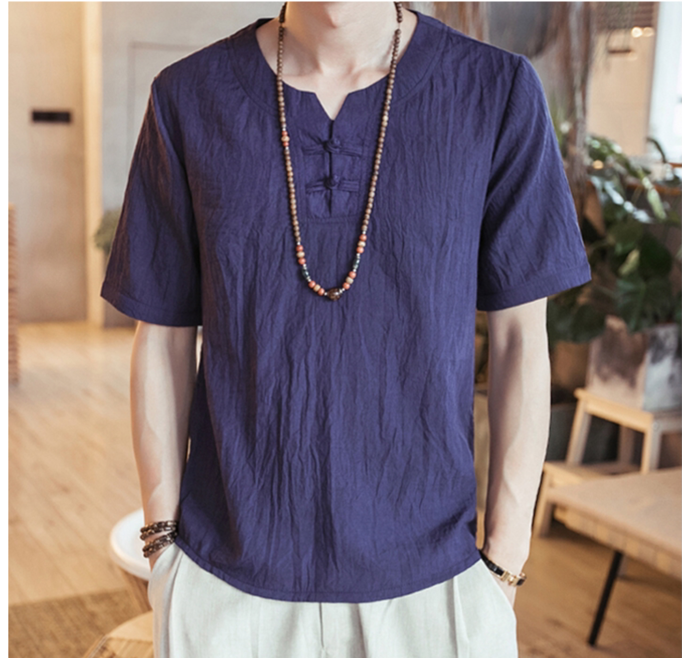 เสื้อจีนชาย ผ้าฝ้าย แขนสั้น สีน้ำเงิน รหัส CT 32 สินค้าพร้อมส่ง