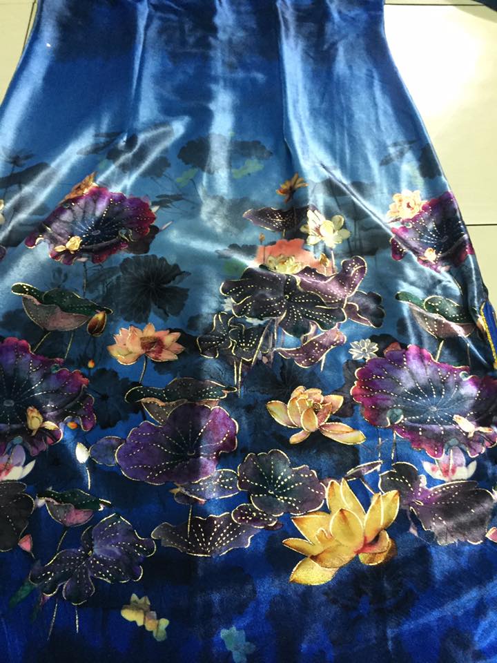 รหัส A158 กี่เพ้าสั้นสีฟ้า ผ้ายืด+ผ้ากำมะหยี่