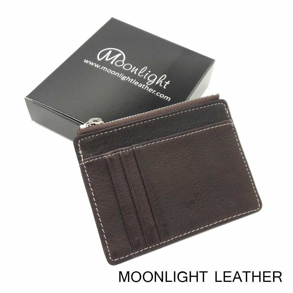 กระเป๋าใส่เหรียญ ใส่บัตรหนังแท้ MOONLIGHT รุ่น Pure สีน้ำตาลเข้ม หนังวัว นุ่ม ไม่ลอก ทน กระทัดรัด ใส่แบงค์ได้ มีกล่องสวย