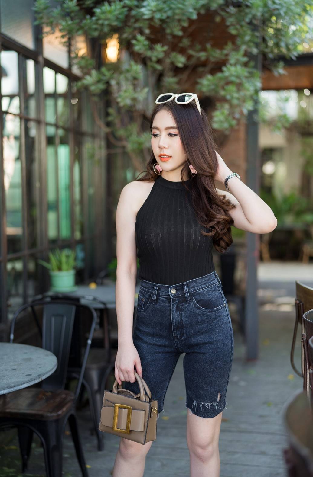 กางเกงยีนส์ 3 ส่วน สีดำ ปาดข้าง-BB19