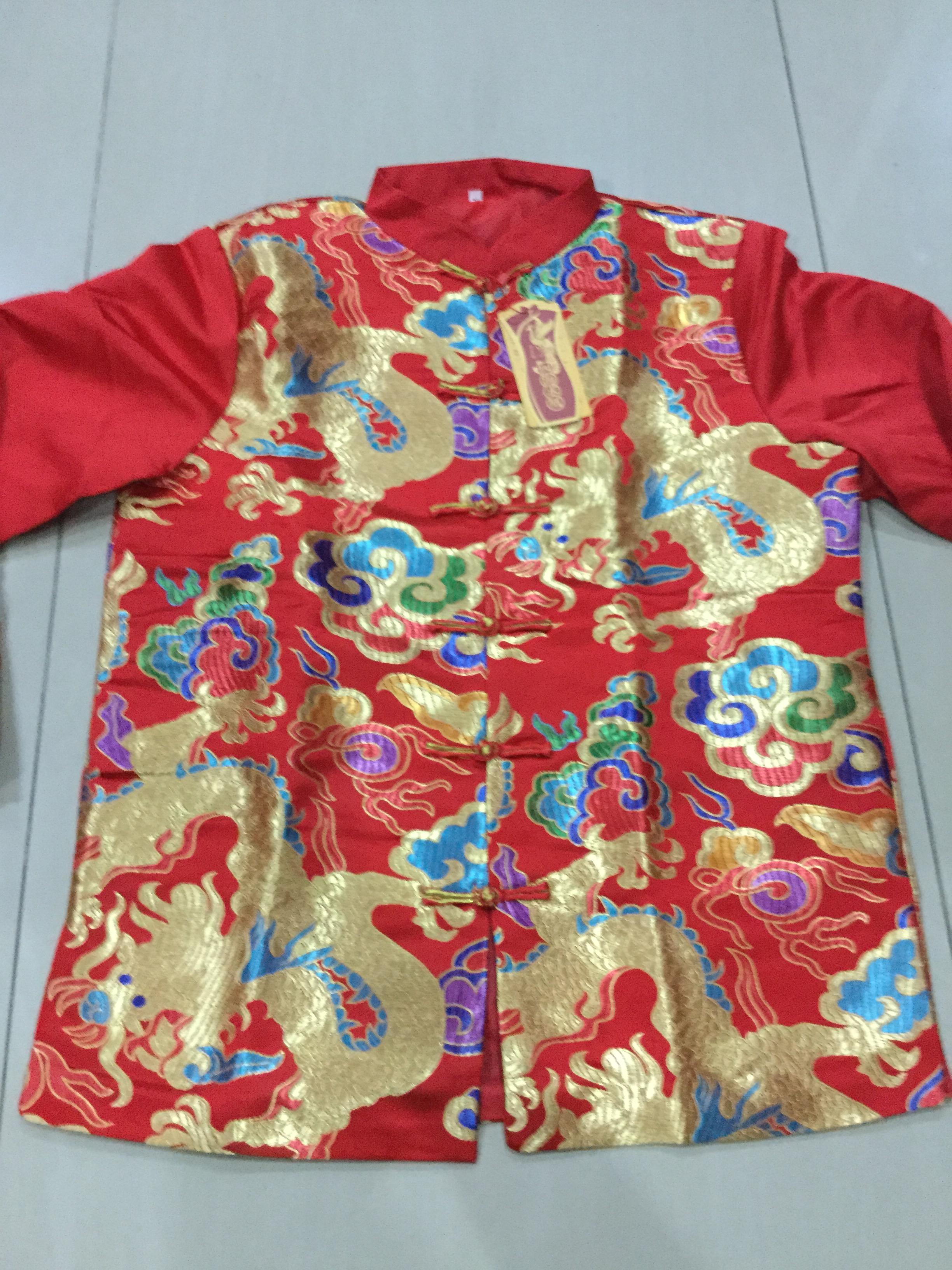 เสื้อจีนผู้ชายสีแดงลายมังกร 2 ด้าน สีทองน้ำเงิน ZH135 พร้อมส่ง